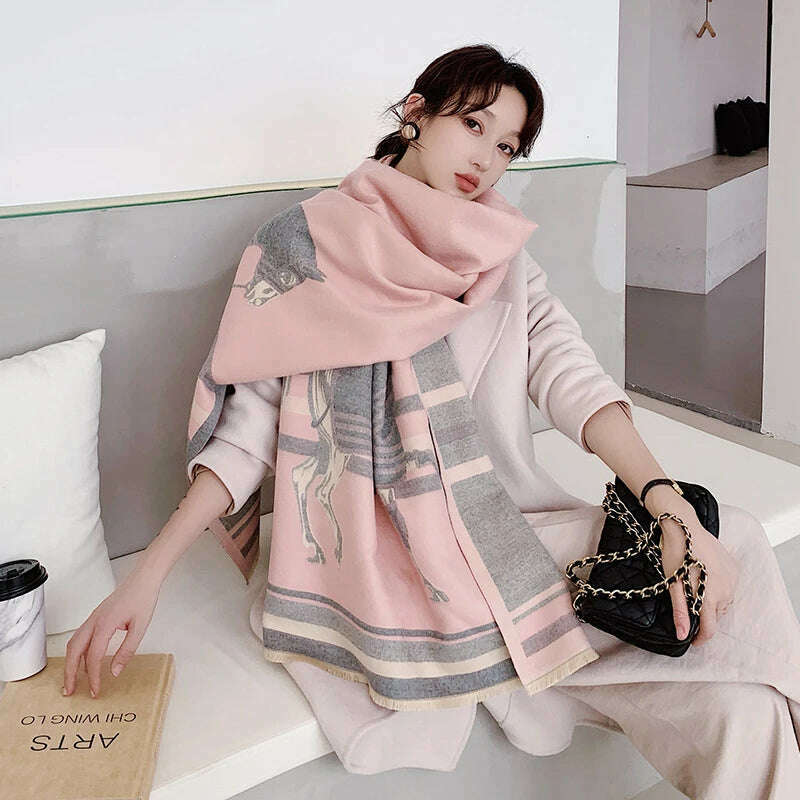 KIMLUD, Luxury Winter Cashmere Scarf Women 2023 Design Warm Pashmina Blanket Horse Scarves Female Shawl Wraps Thick Foulard Bufanda, Y25-1-Pink, KIMLUD APPAREL - Womens Clothes