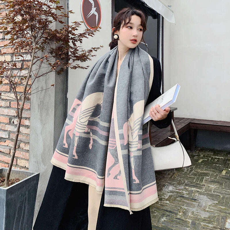 KIMLUD, Luxury Winter Cashmere Scarf Women 2023 Design Warm Pashmina Blanket Horse Scarves Female Shawl Wraps Thick Foulard Bufanda, Y25-2-Gray, KIMLUD APPAREL - Womens Clothes