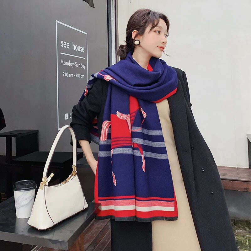 KIMLUD, Luxury Winter Cashmere Scarf Women 2023 Design Warm Pashmina Blanket Horse Scarves Female Shawl Wraps Thick Foulard Bufanda, Y25-3-Navy, KIMLUD APPAREL - Womens Clothes