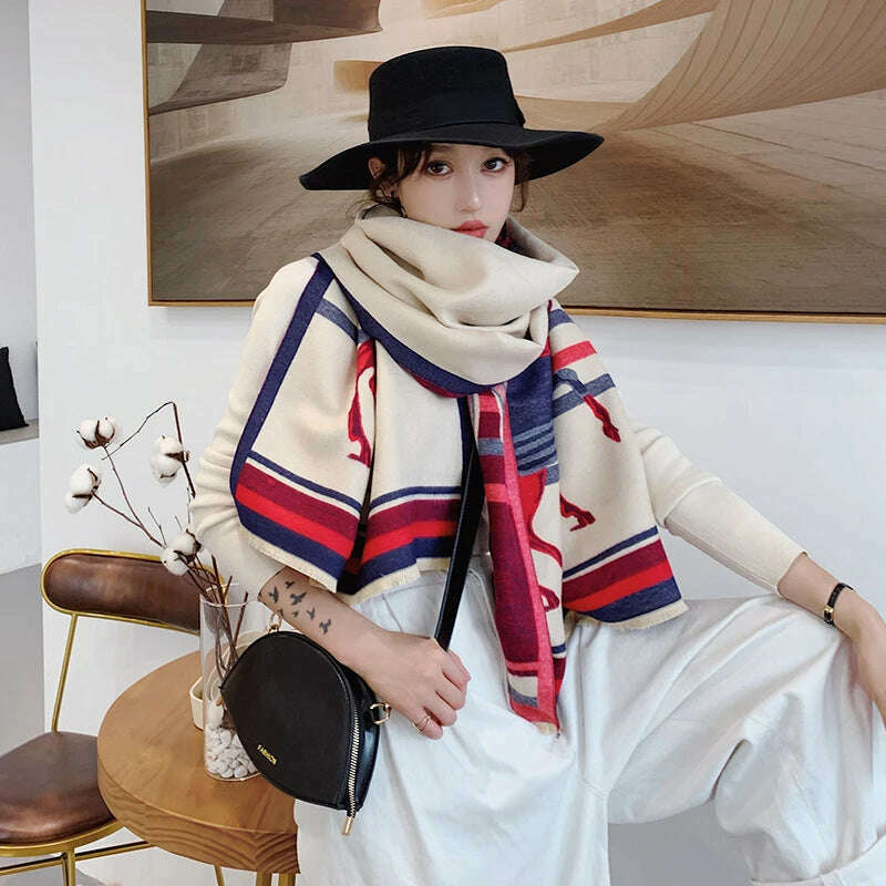 KIMLUD, Luxury Winter Cashmere Scarf Women 2023 Design Warm Pashmina Blanket Horse Scarves Female Shawl Wraps Thick Foulard Bufanda, Y25-4-Beige red, KIMLUD APPAREL - Womens Clothes