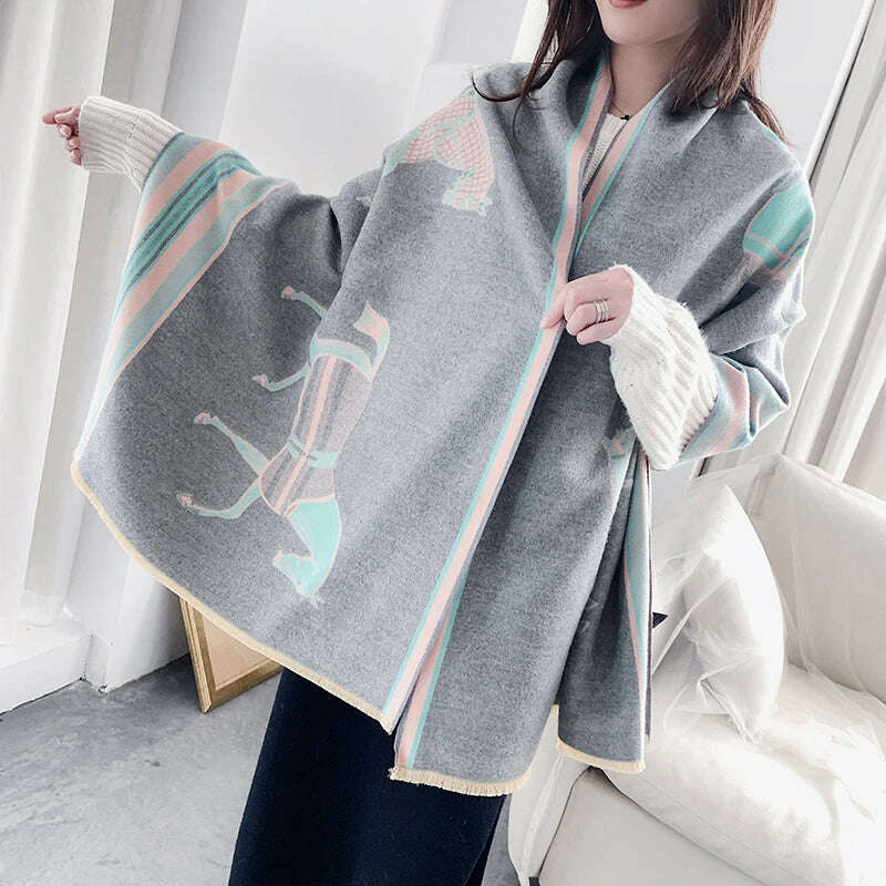 KIMLUD, Luxury Winter Cashmere Scarf Women 2023 Design Warm Pashmina Blanket Horse Scarves Female Shawl Wraps Thick Foulard Bufanda, Y15-5-Light gray, KIMLUD APPAREL - Womens Clothes