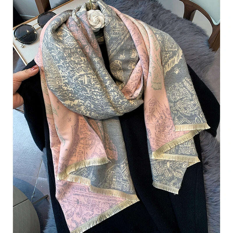 KIMLUD, Luxury Winter Cashmere Scarf Women 2023 Design Warm Pashmina Blanket Horse Scarves Female Shawl Wraps Thick Foulard Bufanda, KIMLUD Womens Clothes