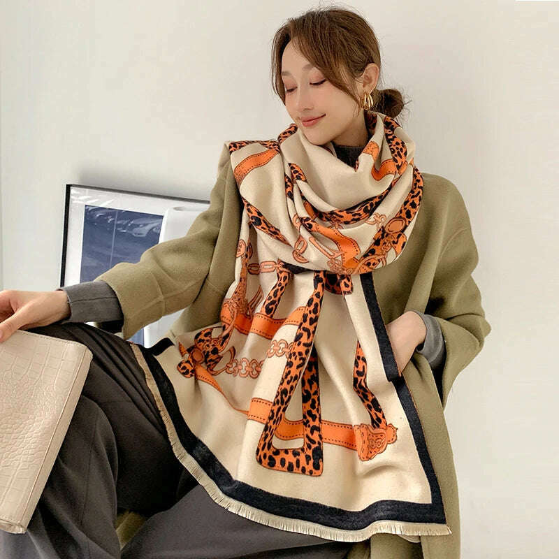 KIMLUD, Luxury Winter Cashmere Scarf Women 2023 Design Warm Pashmina Blanket Horse Scarves Female Shawl Wraps Thick Foulard Bufanda, YX55-1-Orange beige, KIMLUD APPAREL - Womens Clothes