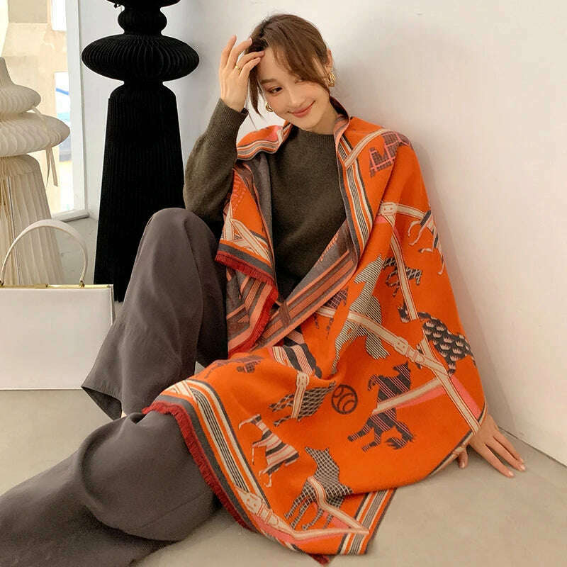 KIMLUD, Luxury Winter Cashmere Scarf Women 2023 Design Warm Pashmina Blanket Horse Scarves Female Shawl Wraps Thick Foulard Bufanda, Y9-5-Orange, KIMLUD APPAREL - Womens Clothes