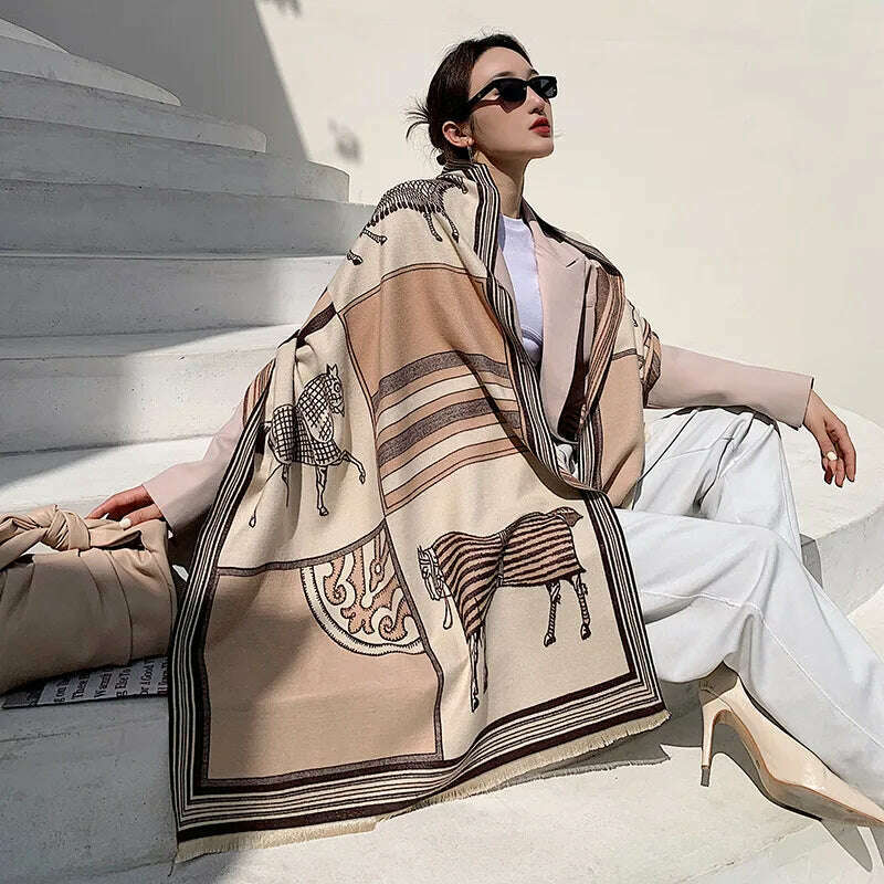 KIMLUD, Luxury Winter Cashmere Scarf Women 2023 Design Warm Pashmina Blanket Horse Scarves Female Shawl Wraps Thick Foulard Bufanda, YX32-2-Beige, KIMLUD APPAREL - Womens Clothes