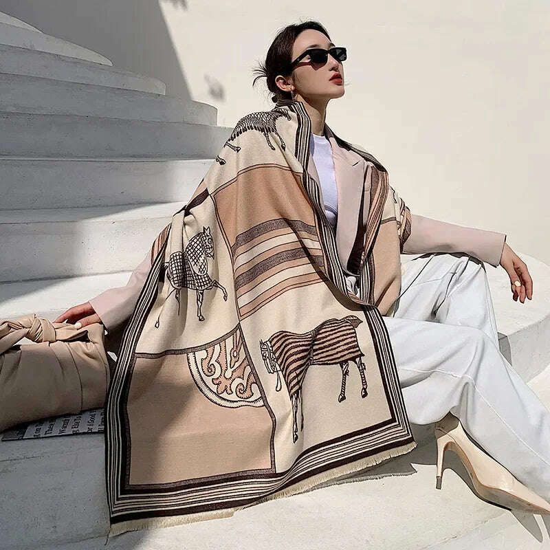 KIMLUD, Luxury Winter Cashmere Scarf Women 2024 Design Warm Pashmina Blanket Horse Scarves Female Shawl Wraps Thick Foulard Bufanda, YX32-2-Beige, KIMLUD APPAREL - Womens Clothes