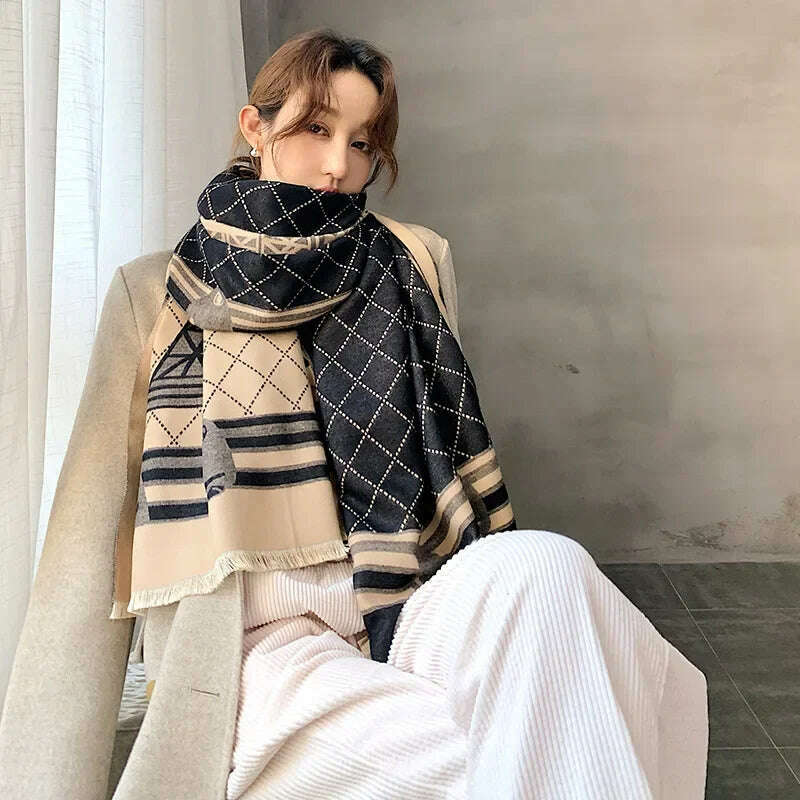 KIMLUD, Luxury Winter Cashmere Scarf Women 2024 Design Warm Pashmina Blanket Horse Scarves Female Shawl Wraps Thick Foulard Bufanda, YX32-5-Pink gray, KIMLUD APPAREL - Womens Clothes