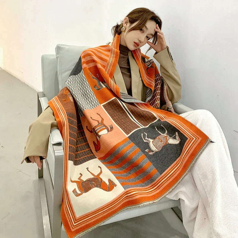 KIMLUD, Luxury Winter Cashmere Scarf Women 2024 Design Warm Pashmina Blanket Horse Scarves Female Shawl Wraps Thick Foulard Bufanda, Y6-1-Orange, KIMLUD APPAREL - Womens Clothes