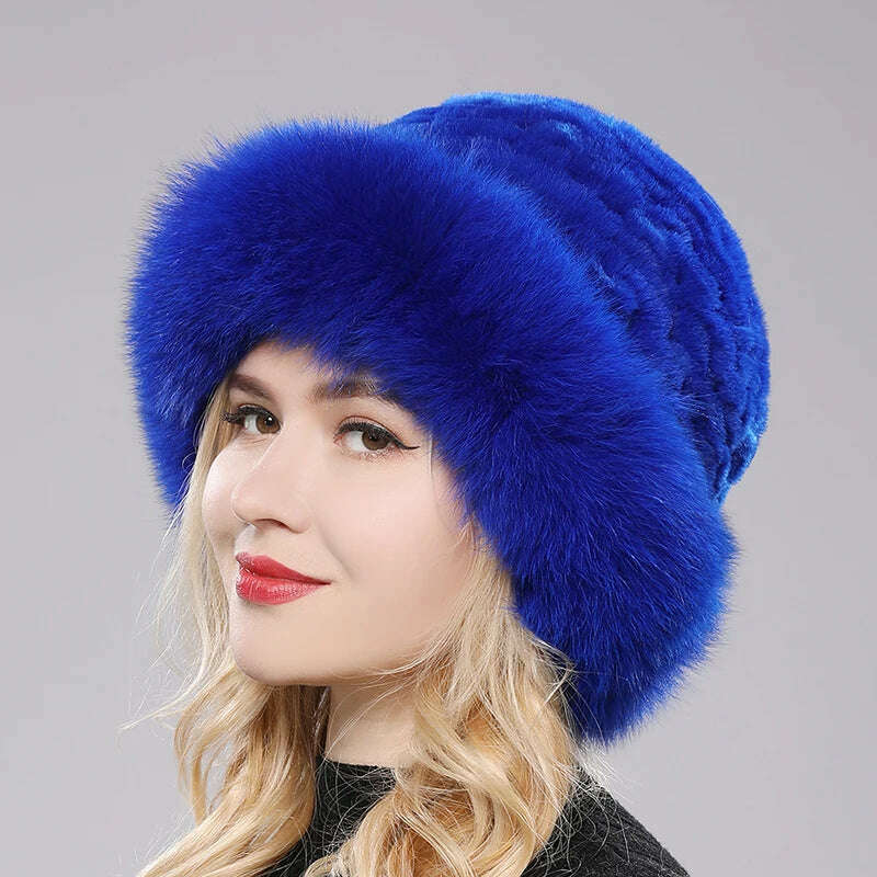 KIMLUD, Luxury Women Winter Hat Real Rex Rabbit Fur Bomber Hats Lady Winter Genuine Fox Fur Cap Beanies Warm Soft Fluffy Natural Fur Hat, blue / One Size, KIMLUD APPAREL - Womens Clothes