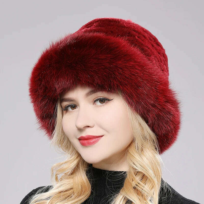 KIMLUD, Luxury Women Winter Hat Real Rex Rabbit Fur Bomber Hats Lady Winter Genuine Fox Fur Cap Beanies Warm Soft Fluffy Natural Fur Hat, wine red / One Size, KIMLUD APPAREL - Womens Clothes