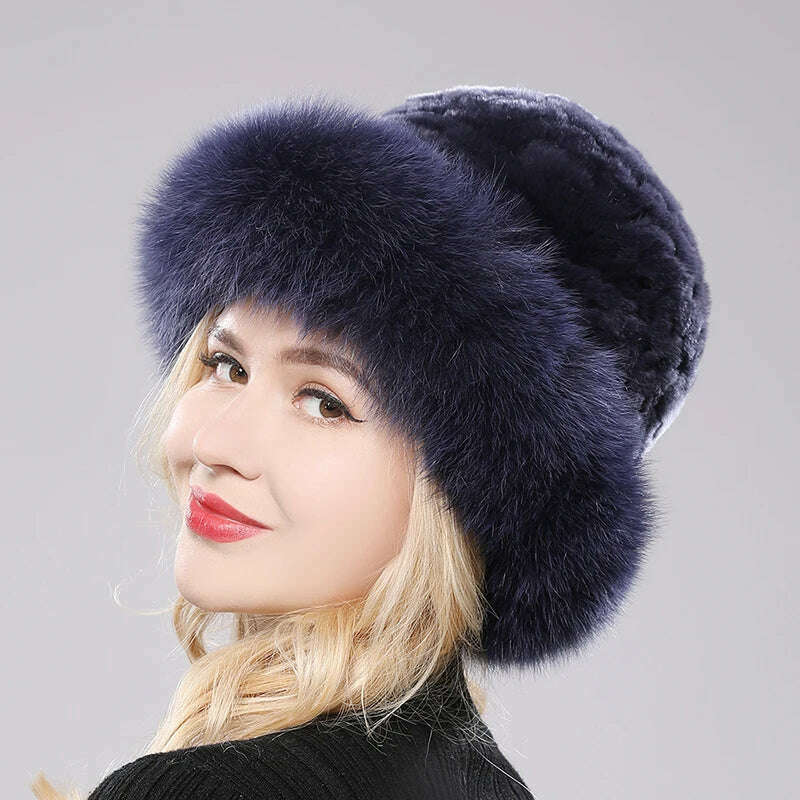 KIMLUD, Luxury Women Winter Hat Real Rex Rabbit Fur Bomber Hats Lady Winter Genuine Fox Fur Cap Beanies Warm Soft Fluffy Natural Fur Hat, dark blue / One Size, KIMLUD APPAREL - Womens Clothes