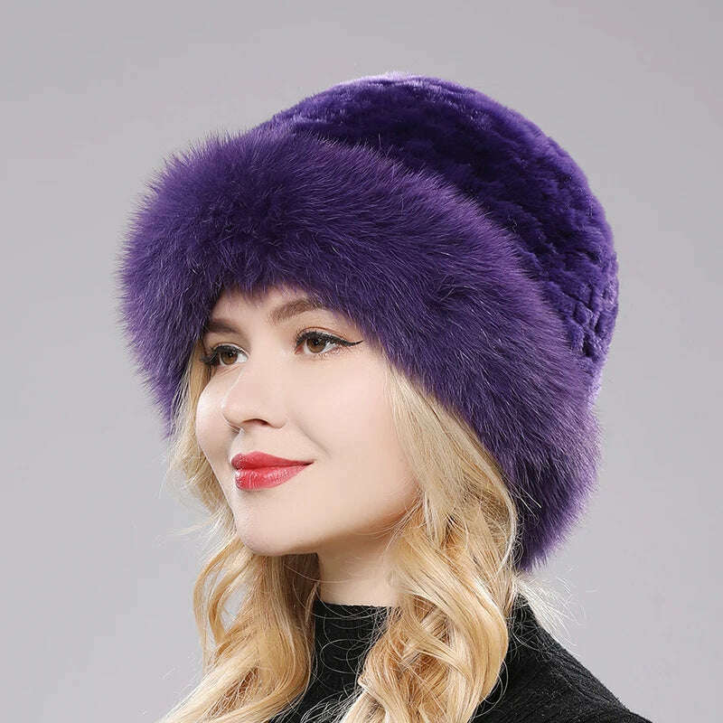 KIMLUD, Luxury Women Winter Hat Real Rex Rabbit Fur Bomber Hats Lady Winter Genuine Fox Fur Cap Beanies Warm Soft Fluffy Natural Fur Hat, purple / One Size, KIMLUD APPAREL - Womens Clothes