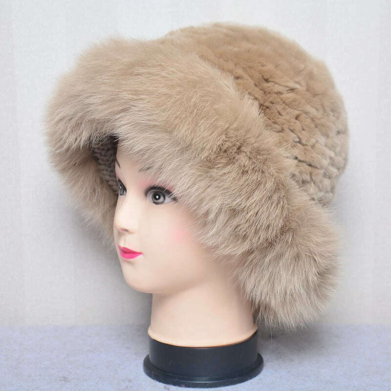 KIMLUD, Luxury Women Winter Hat Real Rex Rabbit Fur Bomber Hats Lady Winter Genuine Fox Fur Cap Beanies Warm Soft Fluffy Natural Fur Hat, khaki / One Size, KIMLUD APPAREL - Womens Clothes