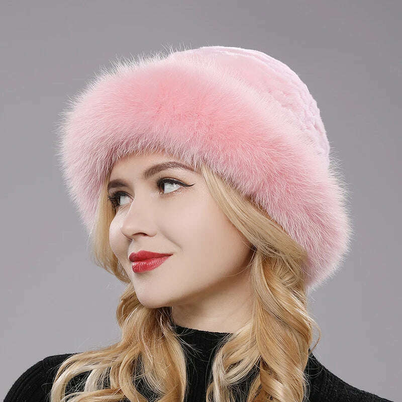 KIMLUD, Luxury Women Winter Hat Real Rex Rabbit Fur Bomber Hats Lady Winter Genuine Fox Fur Cap Beanies Warm Soft Fluffy Natural Fur Hat, pink / One Size, KIMLUD APPAREL - Womens Clothes