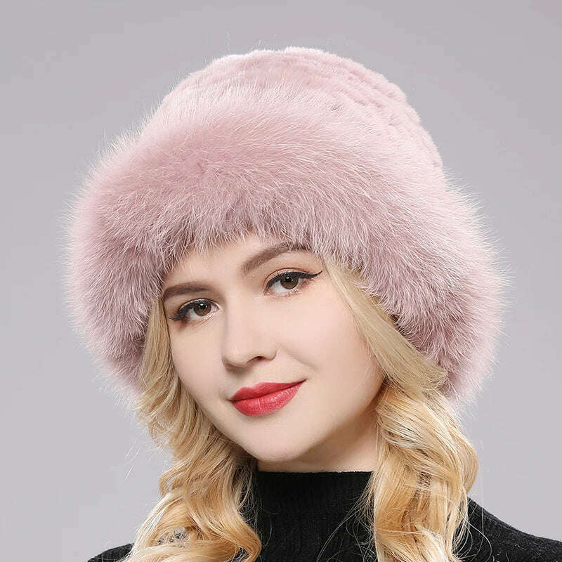 KIMLUD, Luxury Women Winter Hat Real Rex Rabbit Fur Bomber Hats Lady Winter Genuine Fox Fur Cap Beanies Warm Soft Fluffy Natural Fur Hat, beige pink / One Size, KIMLUD APPAREL - Womens Clothes