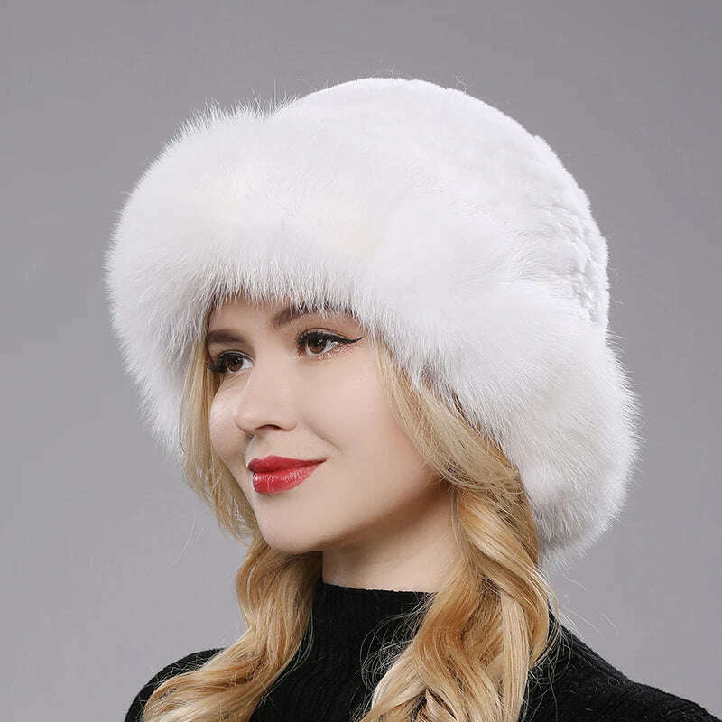 KIMLUD, Luxury Women Winter Hat Real Rex Rabbit Fur Bomber Hats Lady Winter Genuine Fox Fur Cap Beanies Warm Soft Fluffy Natural Fur Hat, white / One Size, KIMLUD APPAREL - Womens Clothes