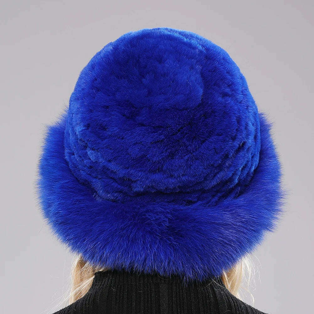 KIMLUD, Luxury Women Winter Hat Real Rex Rabbit Fur Bomber Hats Lady Winter Genuine Fox Fur Cap Beanies Warm Soft Fluffy Natural Fur Hat, KIMLUD Womens Clothes