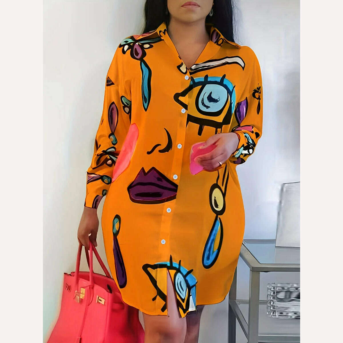 KIMLUD, LW Plus Size Casual Print Croci Shirt Dress 2024 Women Autumn Winter Turndown Collar Long Sleeve Wrapped Skirt Mini Dresses, KIMLUD Womens Clothes