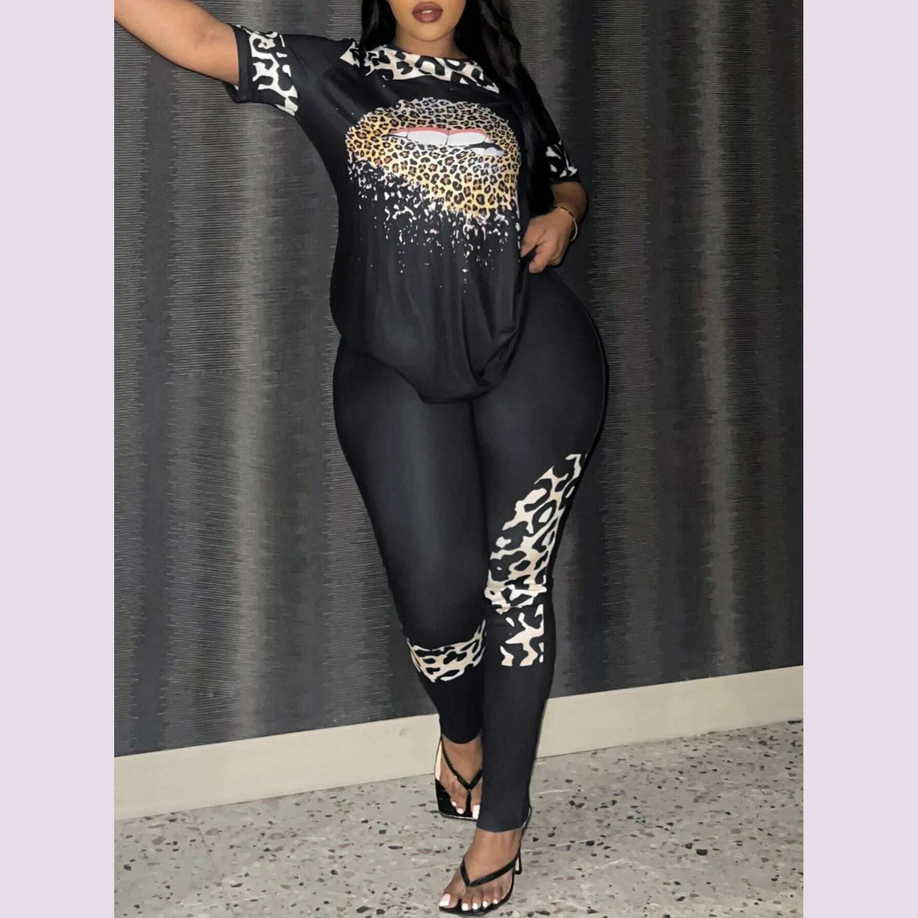 KIMLUD, LW Plus Size Two pieces sets Leopard Lip Print Pants Set short sleeve T-shirt + skinny pants sets Autumn casual tracksuit sets, KIMLUD Womens Clothes