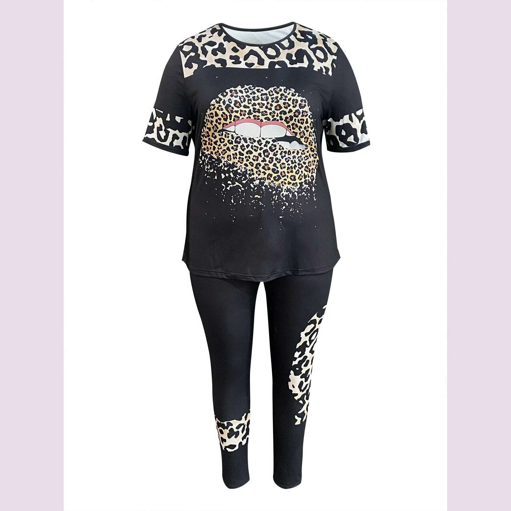 KIMLUD, LW Plus Size Two pieces sets Leopard Lip Print Pants Set short sleeve T-shirt + skinny pants sets Autumn casual tracksuit sets, KIMLUD Womens Clothes