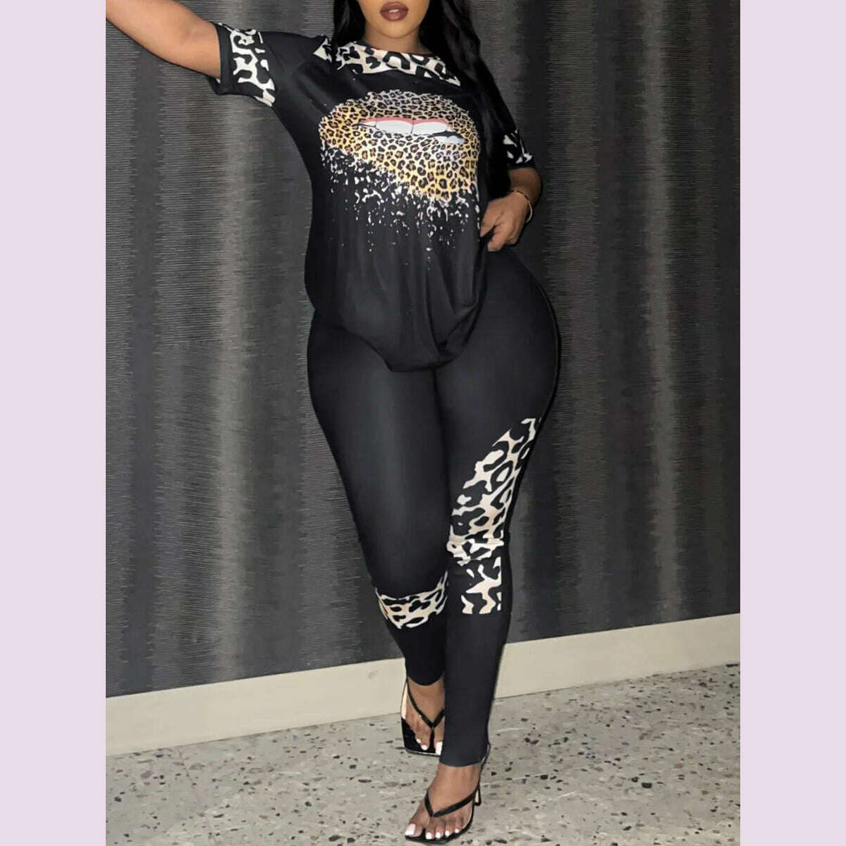 KIMLUD, LW Plus Size Two pieces sets Leopard Lip Print Pants Set short sleeve T-shirt + skinny pants sets Autumn casual tracksuit sets, black / 1XL, KIMLUD APPAREL - Womens Clothes