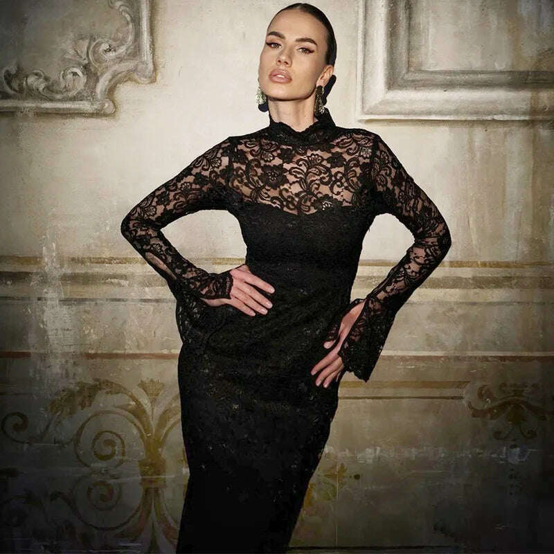 Lygens Lace Spliced Long Sleeve Solid Slim Elegant Evening Night Dress Party Summer Casual Y2K Streetwear Dropshipping Clothing - KIMLUD