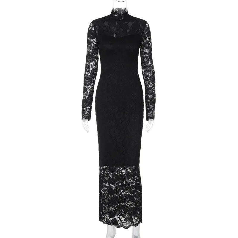 KIMLUD, Lygens Lace Spliced Long Sleeve Solid Slim Elegant Evening Night Dress Party Summer Casual Y2K Streetwear Dropshipping Clothing, KIMLUD Womens Clothes