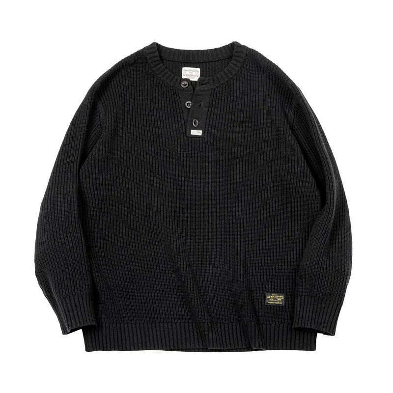 KIMLUD, Maden Vintage Black Knitted Henley Pullover Men's Amekaji Vertical Stripes Sweater 2023 Winter Warm Jumper Brand Clothing, Black / S, KIMLUD APPAREL - Womens Clothes