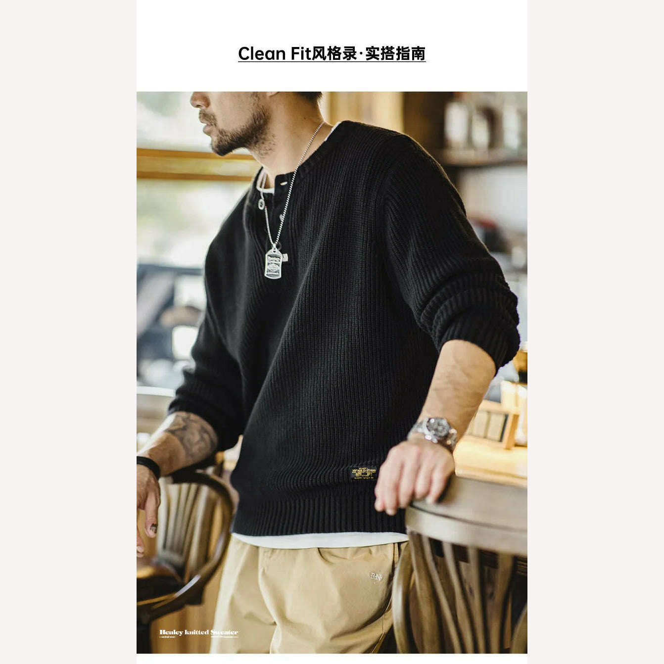 KIMLUD, Maden Vintage Black Knitted Henley Pullover Men's Amekaji Vertical Stripes Sweater 2023 Winter Warm Jumper Brand Clothing, KIMLUD Womens Clothes