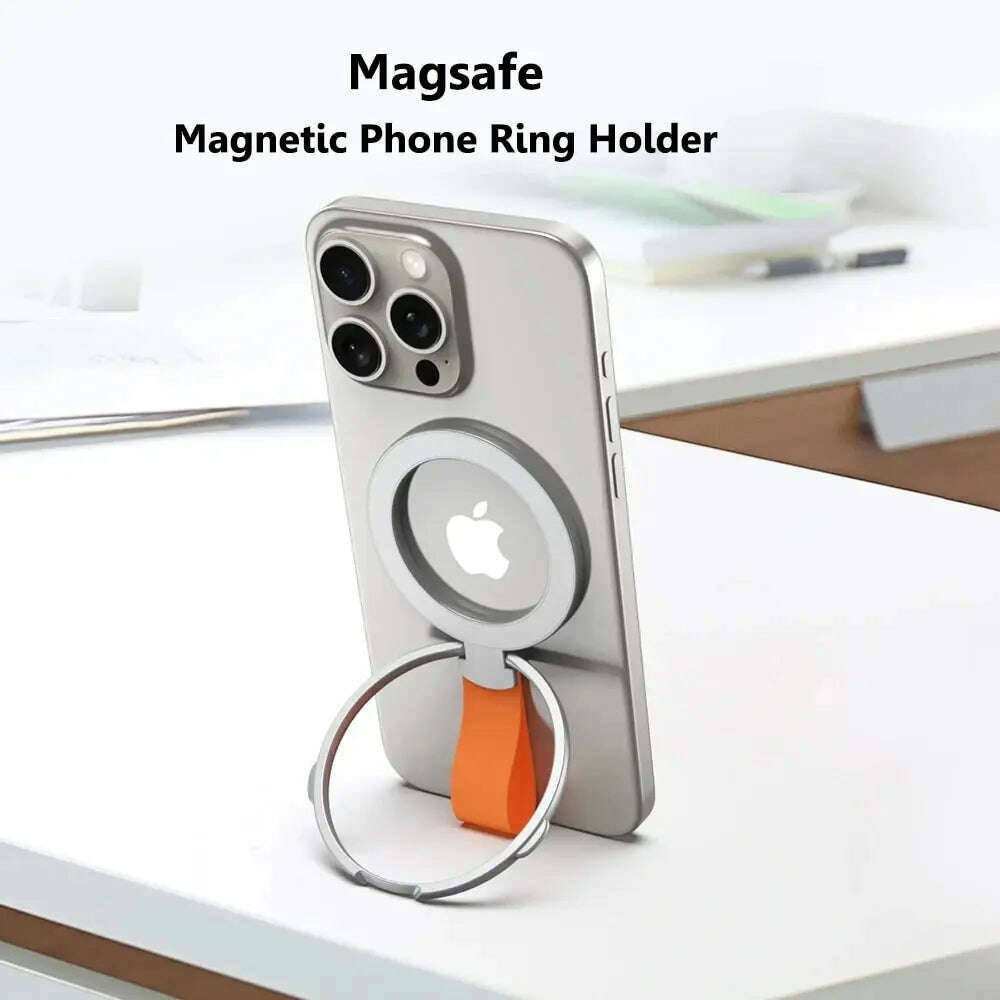 MagSafe Magnetic Ring Phone Holder with Silicone Cord Rotating Kickstand for Iphone15 14 13 12 Series Desktop AlloyBuckle Stand - KIMLUD