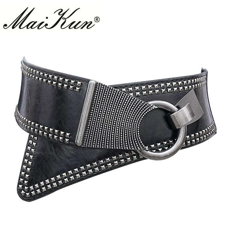 Maikun Fashion Punk Rocker Wide Belts for Women Elastic Wide European Style Women Belts Metal Round Buckle - KIMLUD