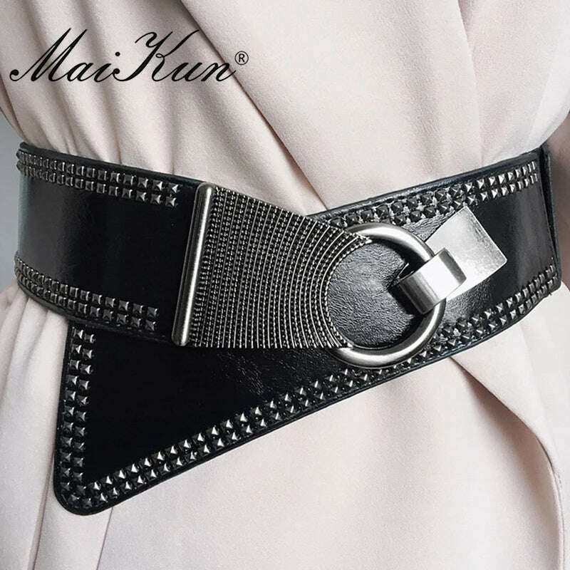 KIMLUD, Maikun Fashion Punk Rocker Wide Belts for Women Elastic Wide European Style Women Belts Metal Round Buckle, KIMLUD Womens Clothes