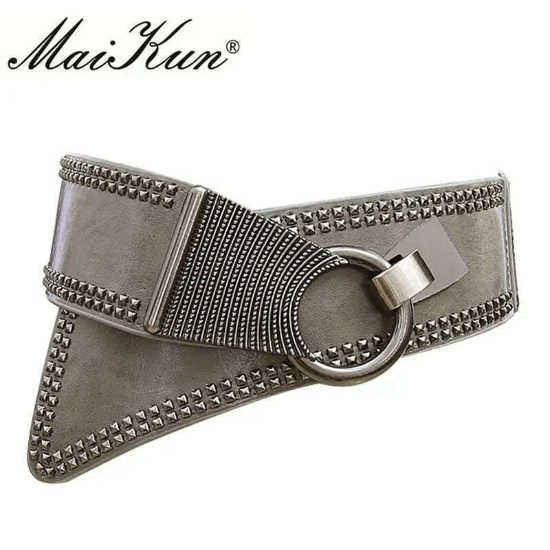 KIMLUD, Maikun Fashion Punk Rocker Wide Belts for Women Elastic Wide European Style Women Belts Metal Round Buckle, Grey / 83cm, KIMLUD APPAREL - Womens Clothes