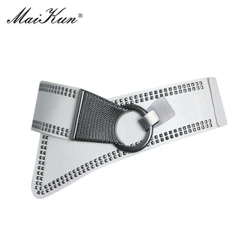 KIMLUD, Maikun Fashion Punk Rocker Wide Belts for Women Elastic Wide European Style Women Belts Metal Round Buckle, White / 83cm, KIMLUD APPAREL - Womens Clothes