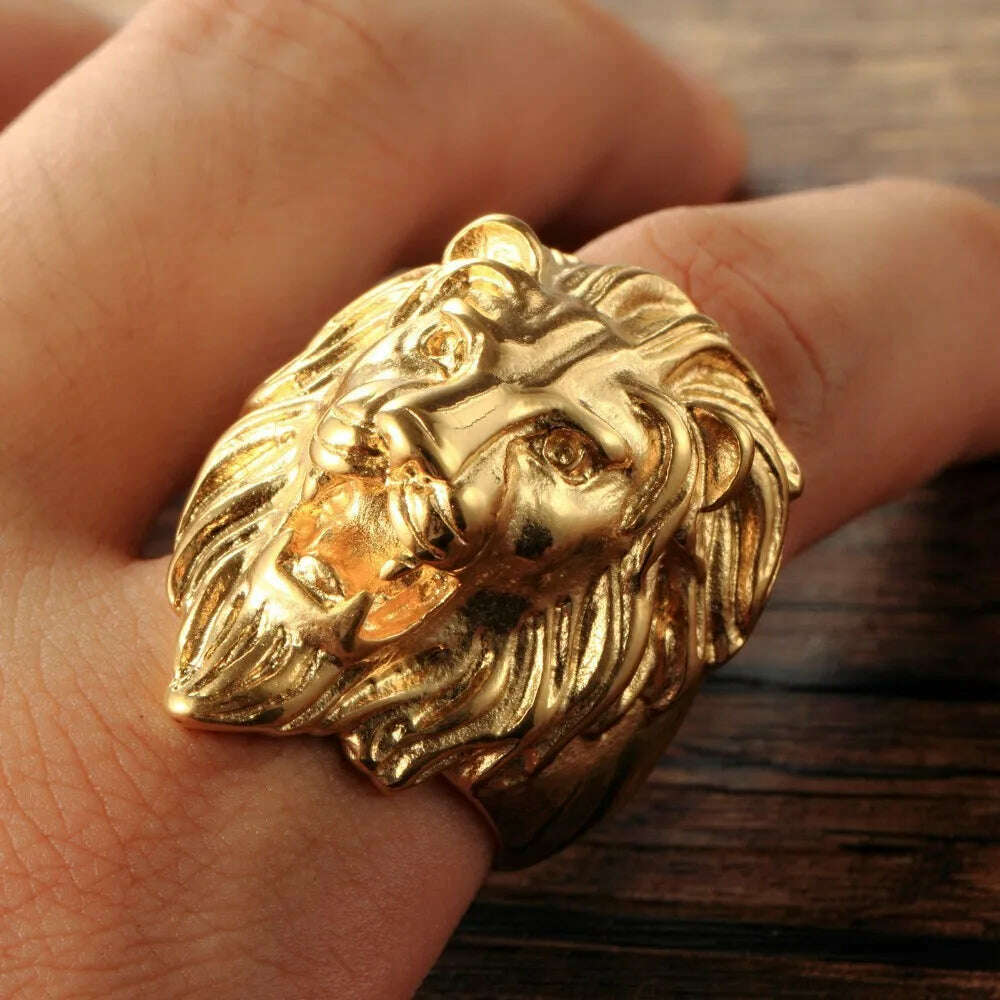 Male ring fashion electroplating golden lion titanium steel ring - KIMLUD