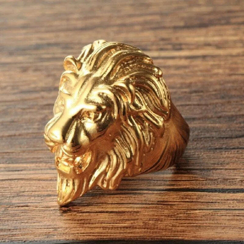 Male ring fashion electroplating golden lion titanium steel ring - KIMLUD