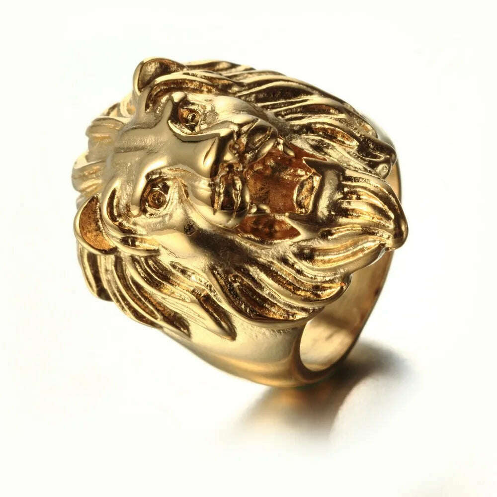 Male ring fashion electroplating golden lion titanium steel ring - KIMLUD