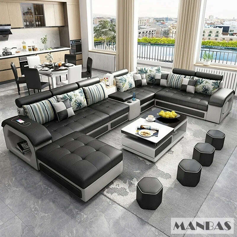 KIMLUD, MANBAS Fabric Sofa Set Furniture Living Room Sofa Set with USB and Stools / Big U Shape Cloth Couch Sofas for Home Furniture, black without table, KIMLUD APPAREL - Womens Clothes