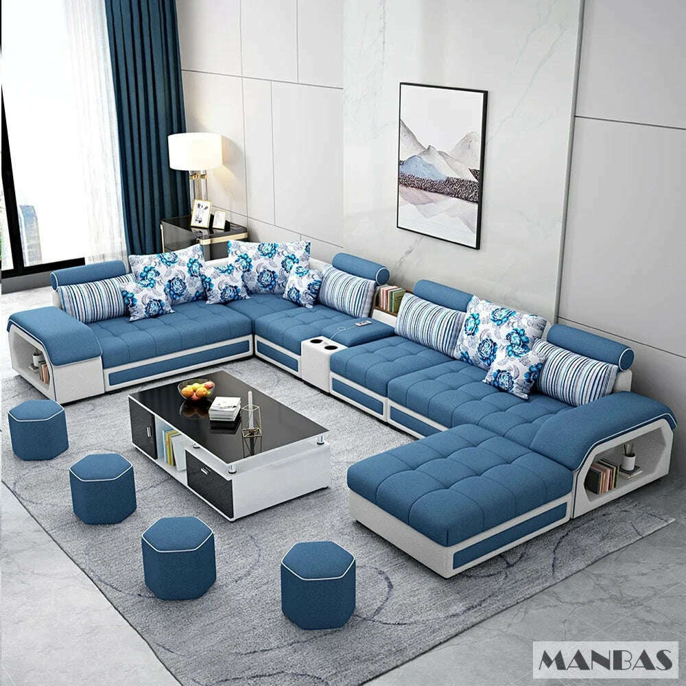 KIMLUD, MANBAS Fabric Sofa Set Furniture Living Room Sofa Set with USB and Stools / Big U Shape Cloth Couch Sofas for Home Furniture, blue without table, KIMLUD APPAREL - Womens Clothes