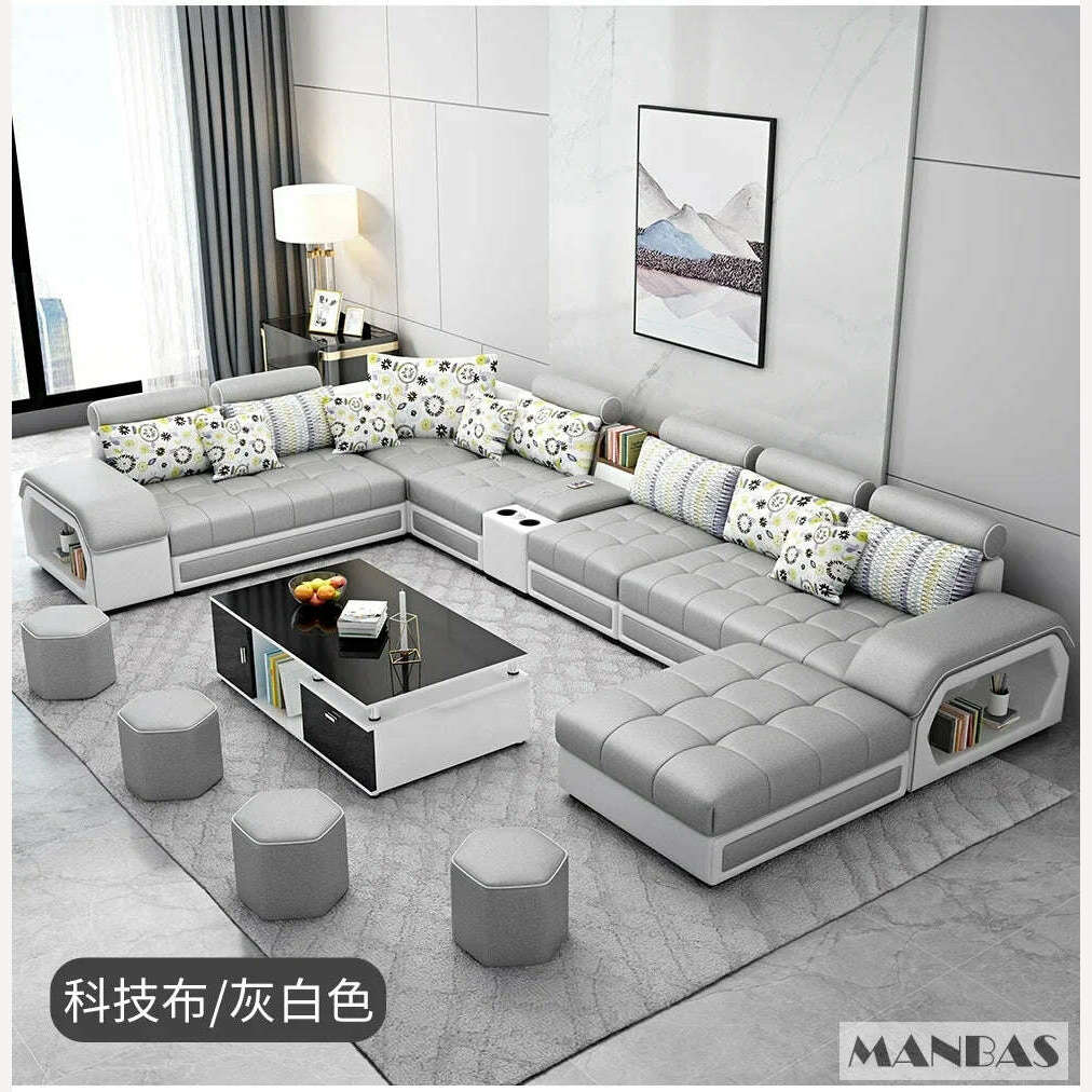 KIMLUD, MANBAS Fabric Sofa Set Furniture Living Room Sofa Set with USB and Stools / Big U Shape Cloth Couch Sofas for Home Furniture, KIMLUD Womens Clothes