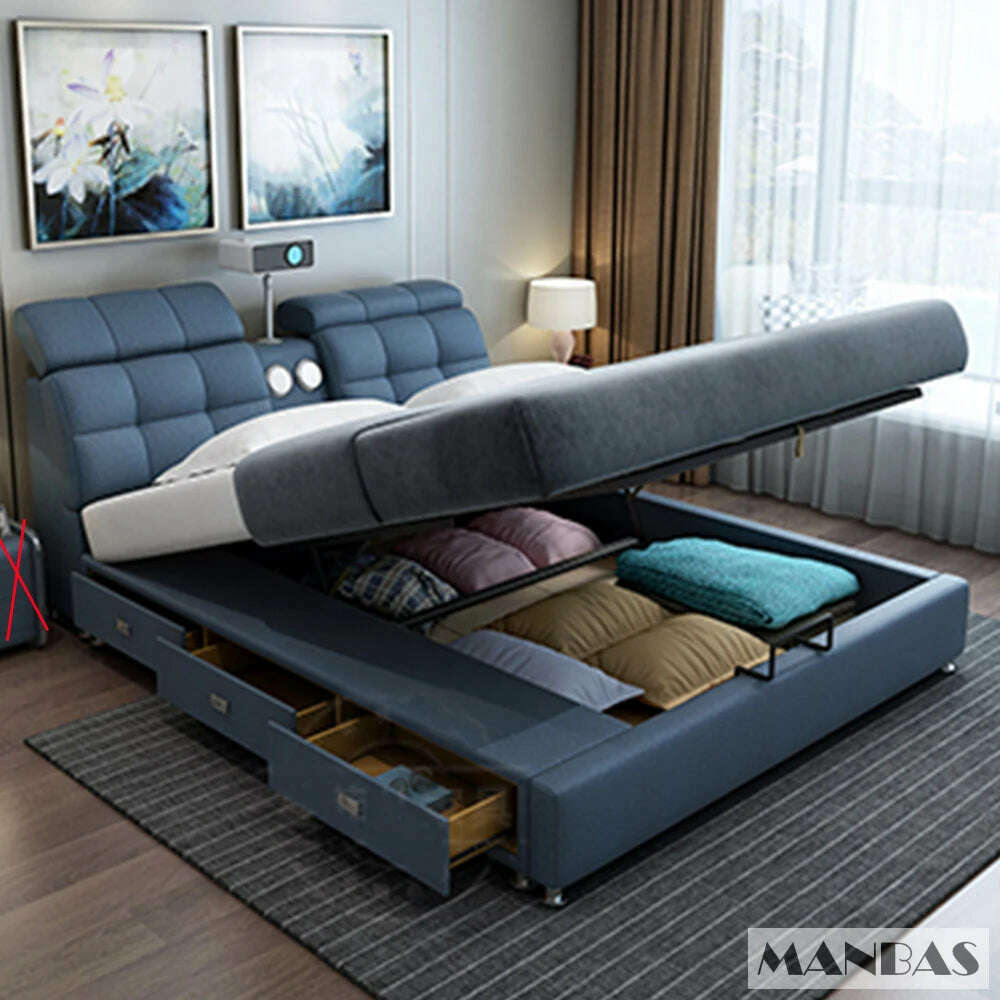 KIMLUD, MANBAS Ultimate Tech Smart Bed - Multifunctional Bedframe with Genuine Leather and Bluetooth Speaker, Drawers, Projector, USB, bed with high box 1, KIMLUD APPAREL - Womens Clothes