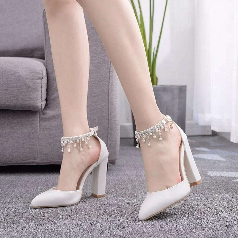 KIMLUD, Maogu Woman Wedding High Heels Elegant Medium Heel Women's Shoes 2023 Pearl Rhinestone Ladies White Pumps Crystal Buckle Strap, KIMLUD Womens Clothes