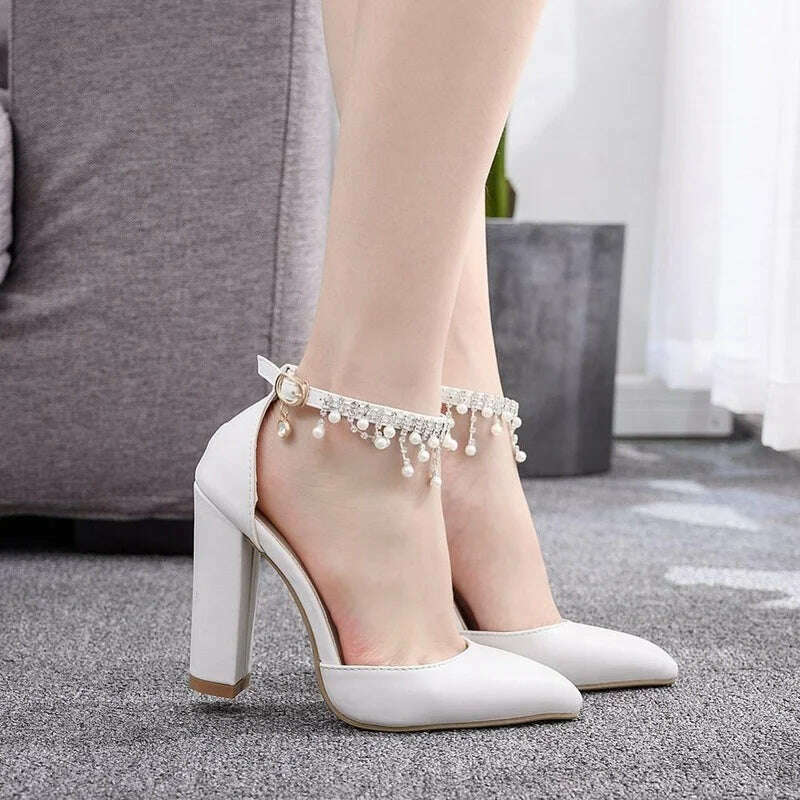 KIMLUD, Maogu Woman Wedding High Heels Elegant Medium Heel Women's Shoes 2023 Pearl Rhinestone Ladies White Pumps Crystal Buckle Strap, KIMLUD Womens Clothes