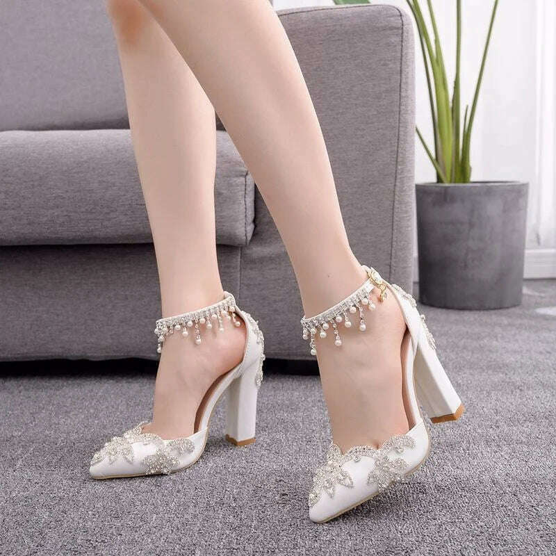 KIMLUD, Maogu Woman Wedding High Heels Elegant Medium Heel Women's Shoes 2023 Pearl Rhinestone Ladies White Pumps Crystal Buckle Strap, KIMLUD Womens Clothes