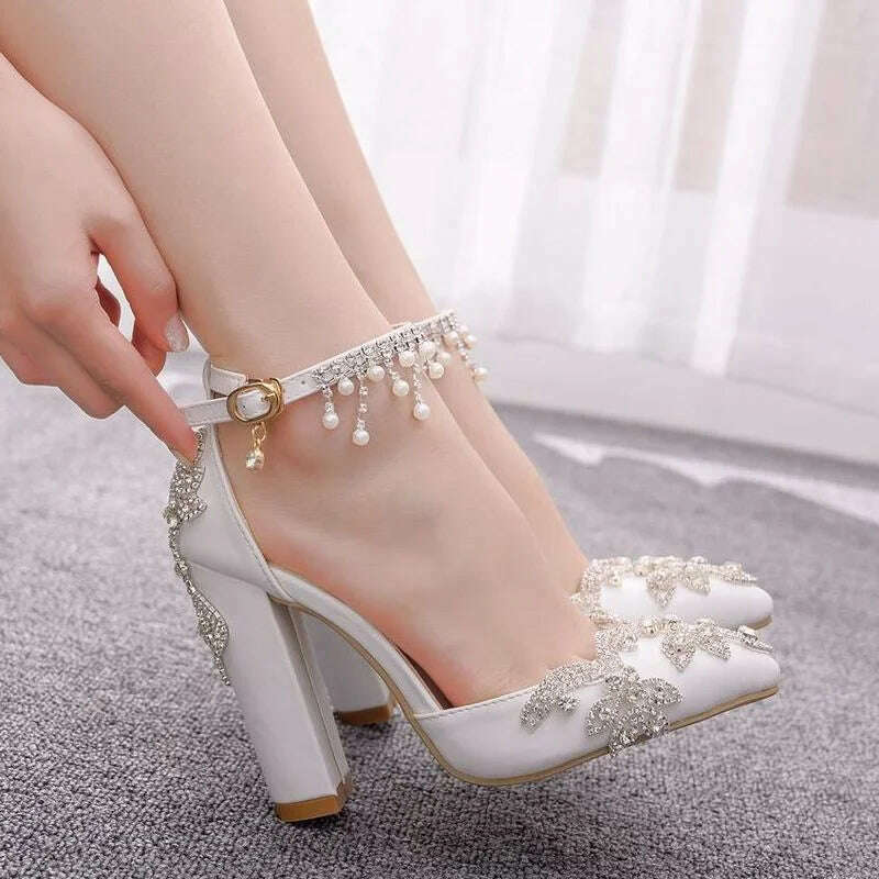 KIMLUD, Maogu Woman Wedding High Heels Elegant Medium Heel Women's Shoes 2023 Pearl Rhinestone Ladies White Pumps Crystal Buckle Strap, KIMLUD Womens Clothes