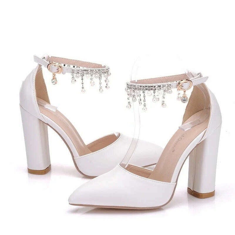 KIMLUD, Maogu Woman Wedding High Heels Elegant Medium Heel Women's Shoes 2023 Pearl Rhinestone Ladies White Pumps Crystal Buckle Strap, KIMLUD Womens Clothes