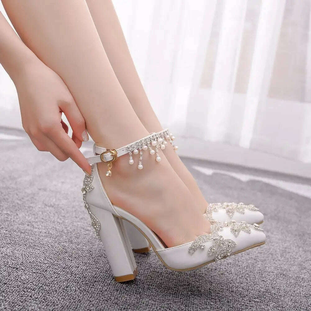 KIMLUD, Maogu Woman Wedding High Heels Elegant Medium Heel Women's Shoes 2023 Pearl Rhinestone Ladies White Pumps Crystal Buckle Strap, White-2 10cm / 40, KIMLUD APPAREL - Womens Clothes