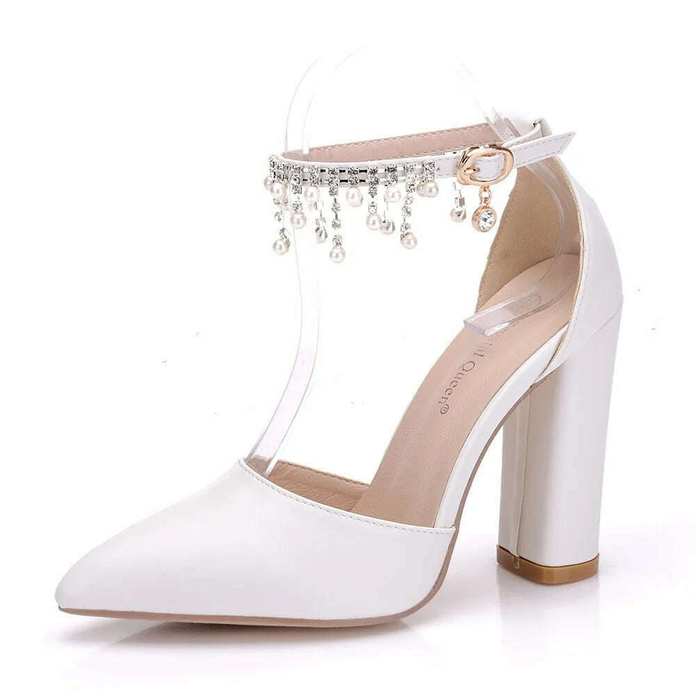 KIMLUD, Maogu Woman Wedding High Heels Elegant Medium Heel Women's Shoes 2023 Pearl Rhinestone Ladies White Pumps Crystal Buckle Strap, White 10cm / 36, KIMLUD APPAREL - Womens Clothes