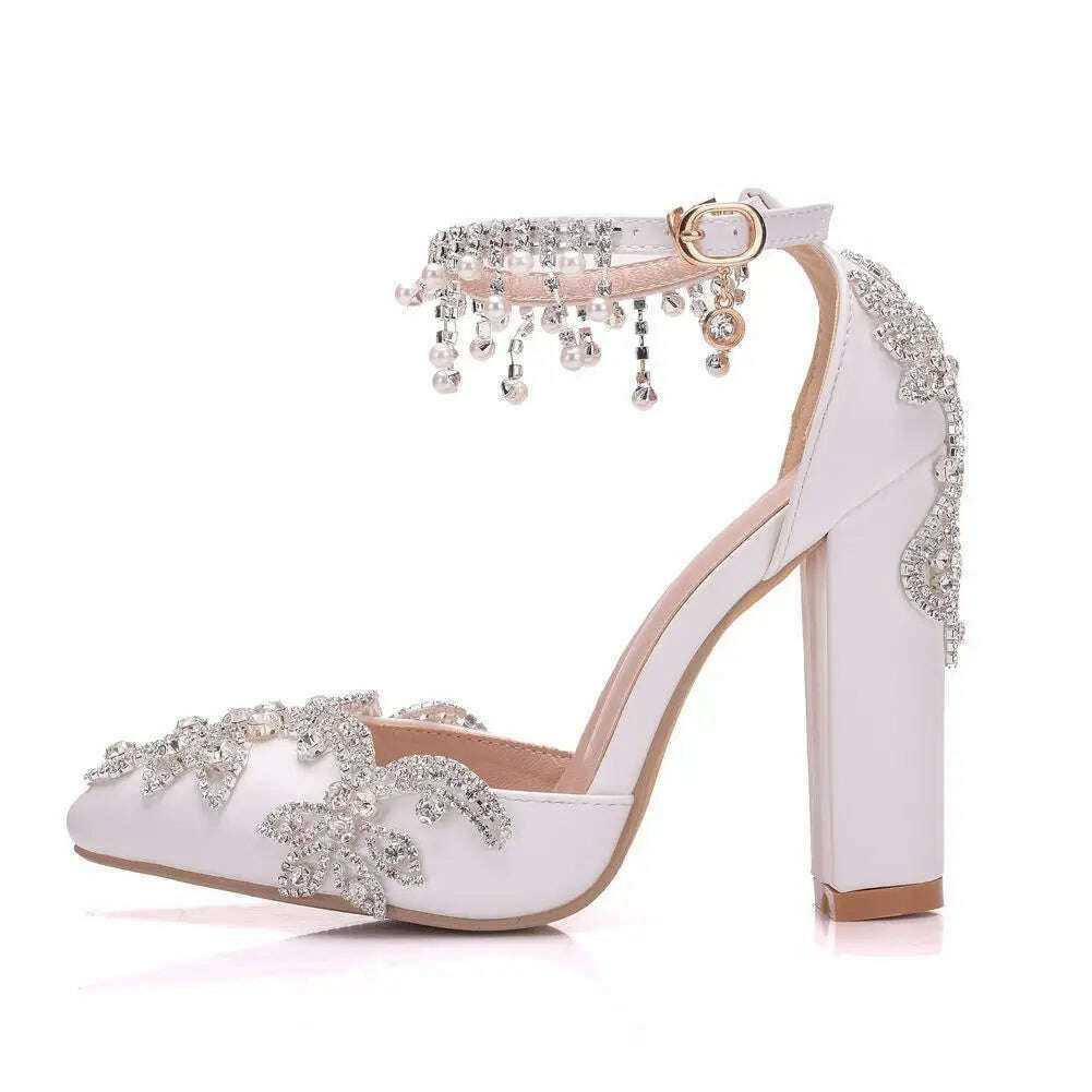 KIMLUD, Maogu Woman Wedding High Heels Elegant Medium Heel Women's Shoes 2023 Pearl Rhinestone Ladies White Pumps Crystal Buckle Strap, KIMLUD Womens Clothes