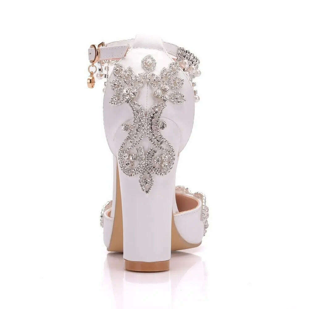 KIMLUD, Maogu Woman Wedding High Heels Elegant Medium Heel Women's Shoes 2023 Pearl Rhinestone Ladies White Pumps Crystal Buckle Strap, KIMLUD Womens Clothes